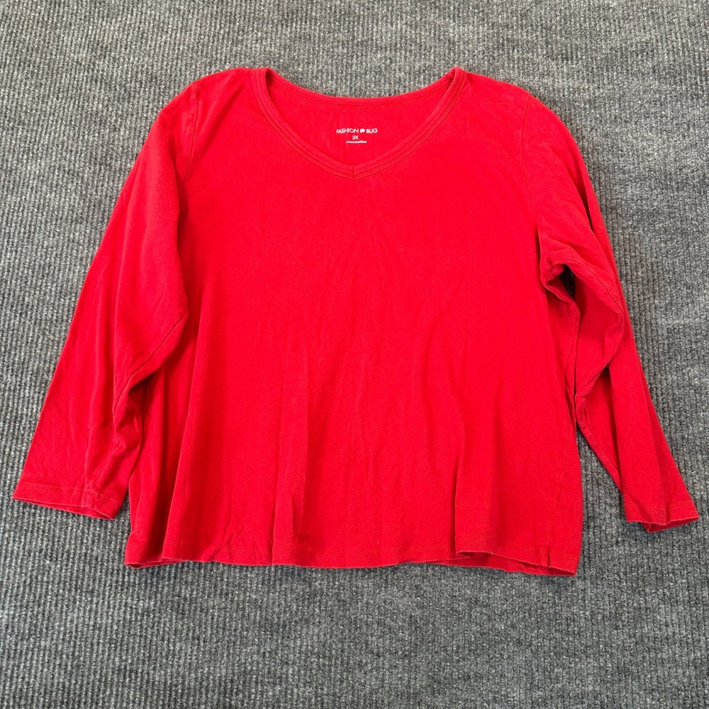 Fashion Bug V-Neck Long Sleeve Tee 2X Red Solid Cotton Knit